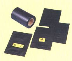 Black Conductive shown on a roll and made into pouches