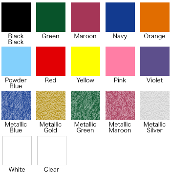 color swatches showing black green maroon navy orange powder blue red yellow pink violet metallic blue gold maroon silver white clear