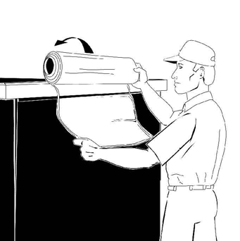 Illustration of man beginning to unroll dumpster liner at short end of dumpster