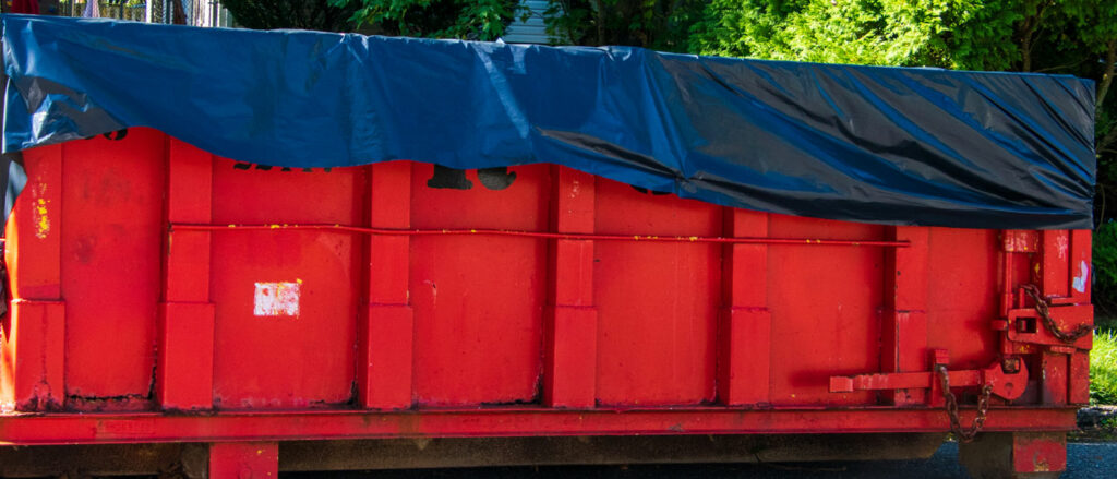 dumpster liner shown on red dumpster