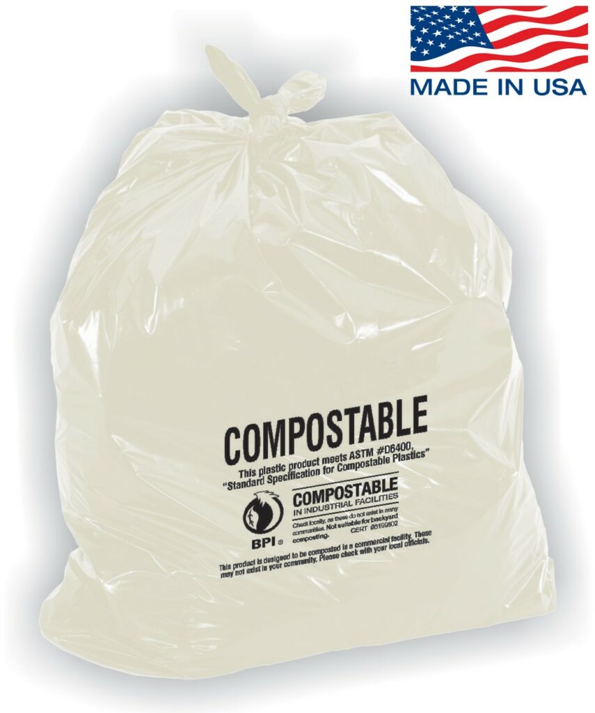 clear compostable trash bag with made in USA icon
